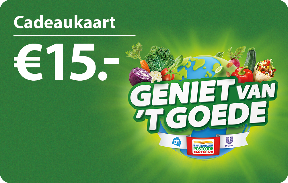 Cadeaukaart met de tekst Cadeaukaart €15, een wereldbol met groenten en de logo’s van Albert Heijn, Postcode Loterij en Unilever op een groene achtergrond.