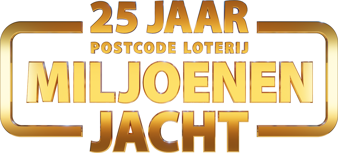 Gouden tekstlogo ter viering van 25 Jaar Postcode Loterij Miljoenenjacht met opvallende, glanzende goudkleurige letters.