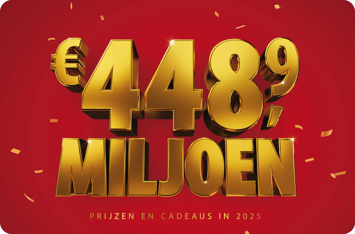 Gouden tekst €448,9 miljoen op een rode achtergrond.