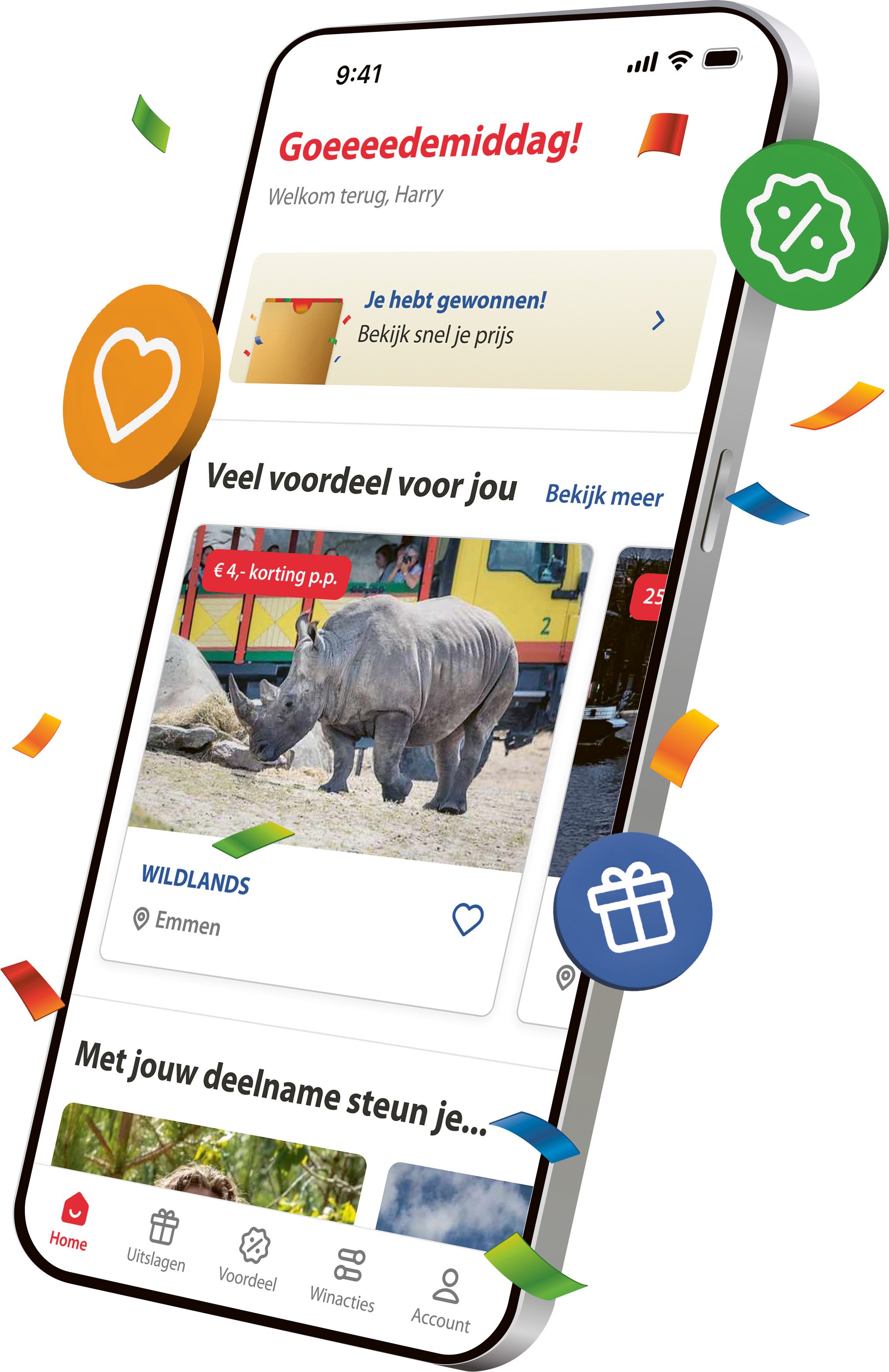 Mobiele telefoon met de Postcode Loterij-app waarop winnaars en prijzen zichtbaar zijn, omringd door kleurrijke iconen.