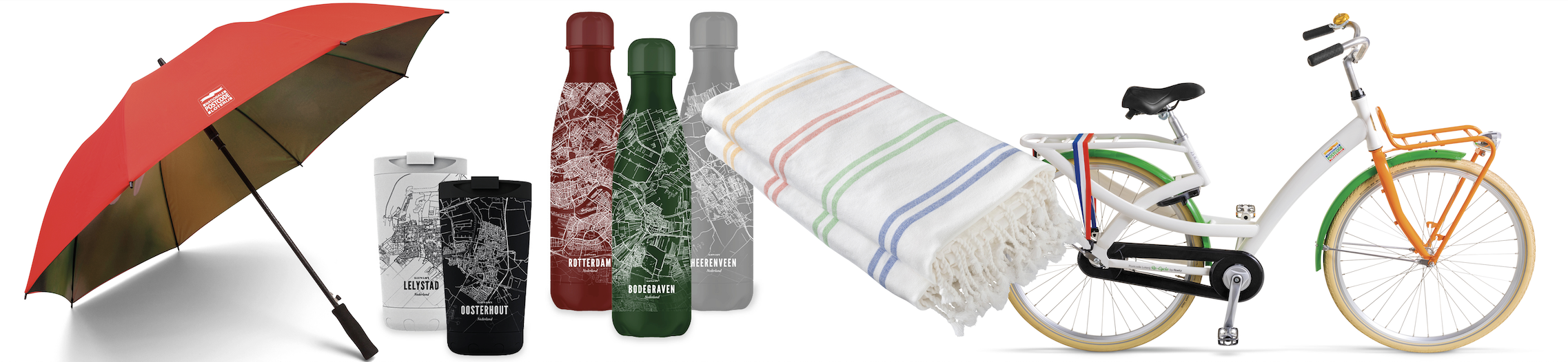 Prijzen te winnen bij de Postcode Loterij: een rode paraplu, diverse drinkflessen, gestreepte doeken en een fiets.