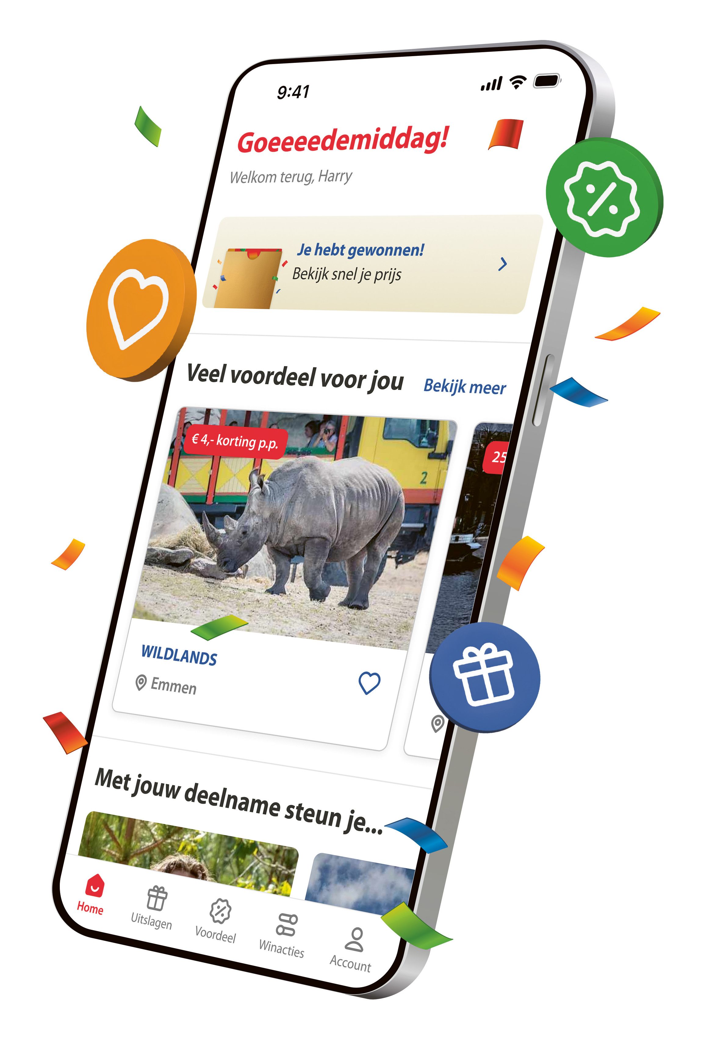 Mobiele telefoon met de Postcode Loterij-app waarop winnaars en prijzen zichtbaar zijn, omringd door kleurrijke iconen.