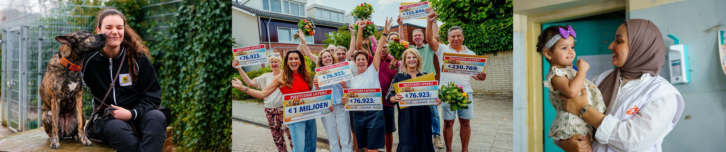 Links: Een vrouw zit naast een hulphond. Midden: Een groep winnaars met cheques. Postcode Loterij-ambassadeur Quinty Trustfull, linksvoor, met de totaalcheque van 1 miljoen euro. Rechts: Een vrouwelijke arts houdt een jong meisje.